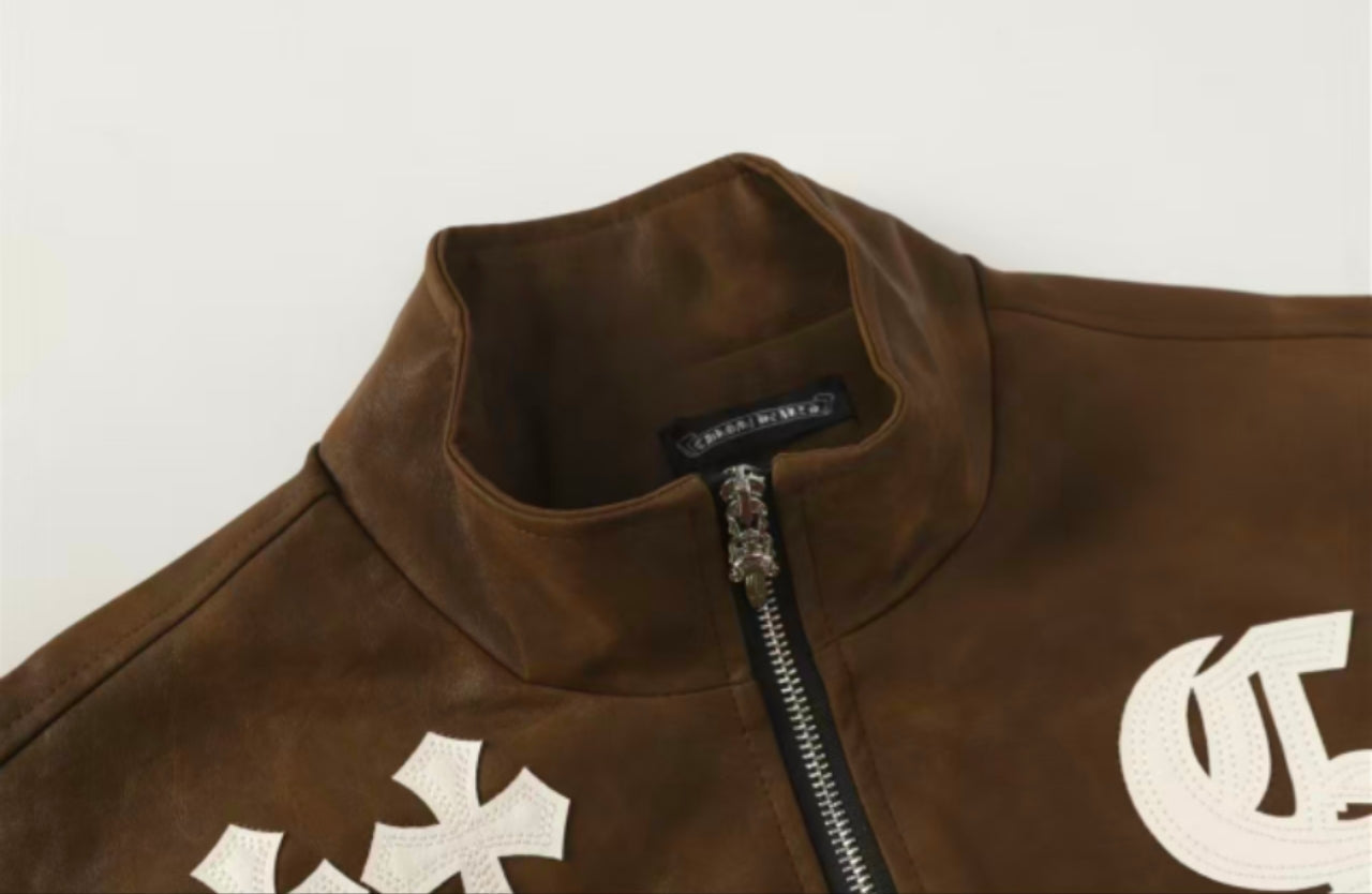 Chrome-Hearts Cross Patch Suede Jacket - Brown Gothic Streetwear Outerwear 8833